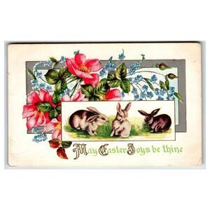 Antique Embossed Easter Postcard - 3 Rabbits, Roses, Forget-Me-Nots, 1908 Posted